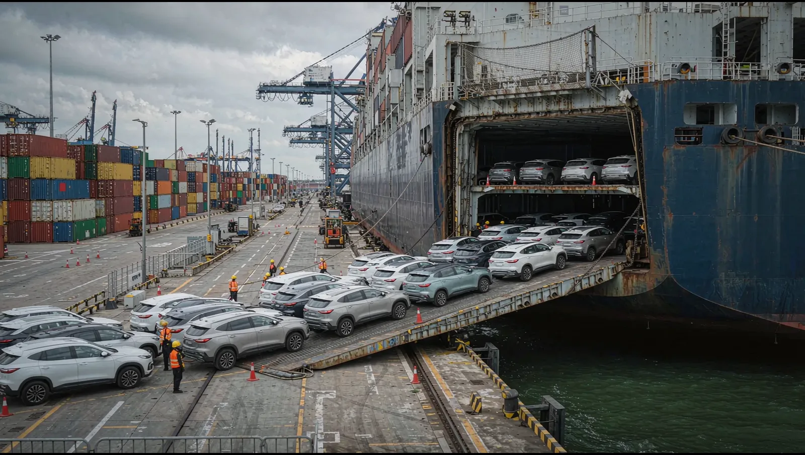 Chinese car export port with RoRo vessel, shipping containers and new energy vehicles